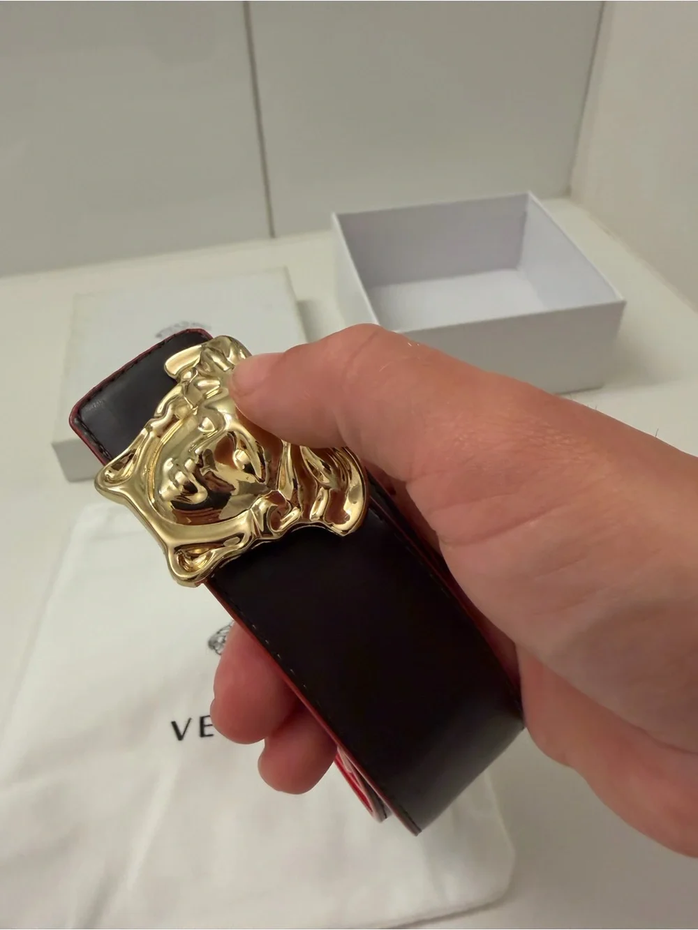 Versace Reversible Medusa Head Belt – Red/Black Leather